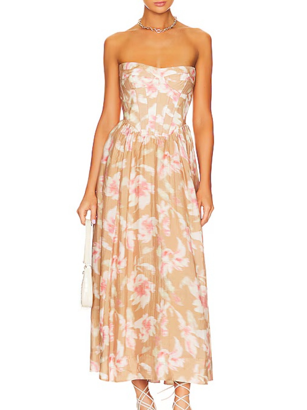 Bardot Strapless Floral Midi Dress in Beige and Pink